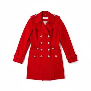 Calvin Klein Women's Vibrant Red Trench Coat with Silver Button Detail